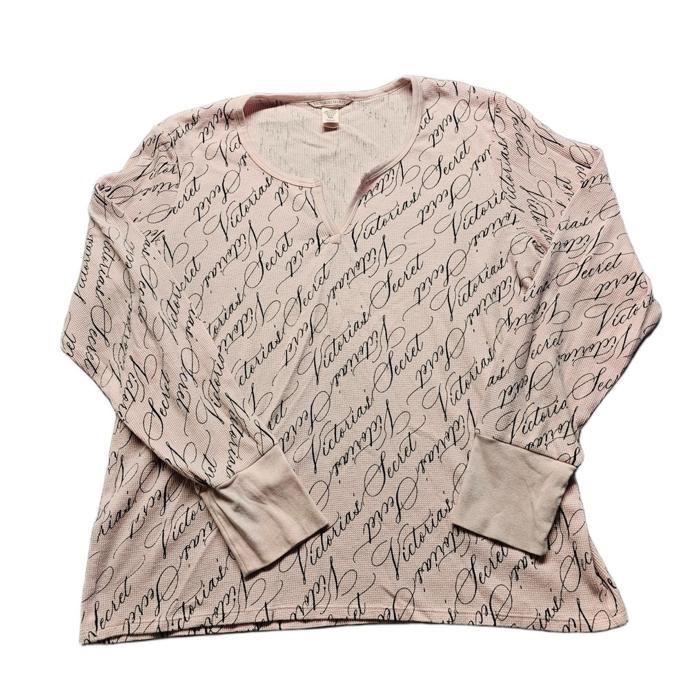 Victoria's Secret Pajama Top Womens XL Pink Script Logo Waffle Knit Long Sleeve‎